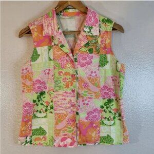 Tahiti Reef Club Tropical Floral Bright Sleeveless Patchwork Button Down Shirt